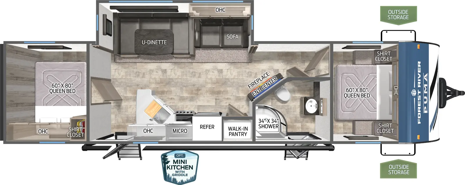 The Puma 28BHSS-2B floorplan has two entries and one slide out. Exterior features include: metal exterior, 20' awning and outside kitchen. Interiors features include: u-dinette, front bedroom, rear bedroom and two bedrooms.